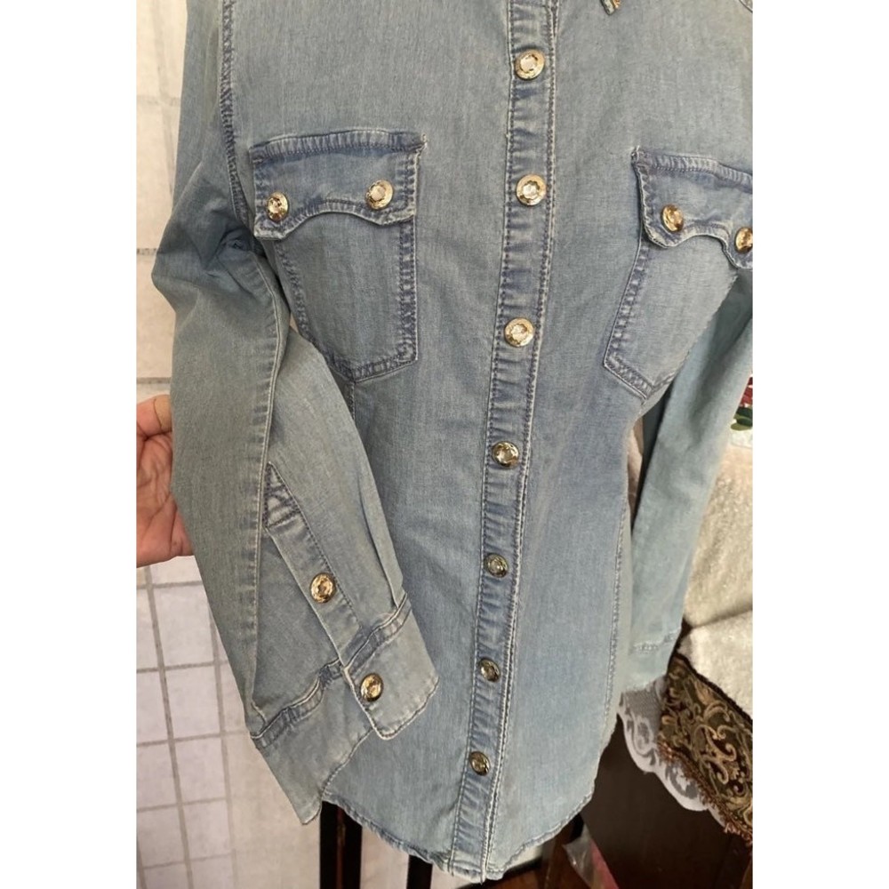 Vintage Cristina V embellished bling Crystal Western Country Denim Shirt Top M - Picture 8 of 12